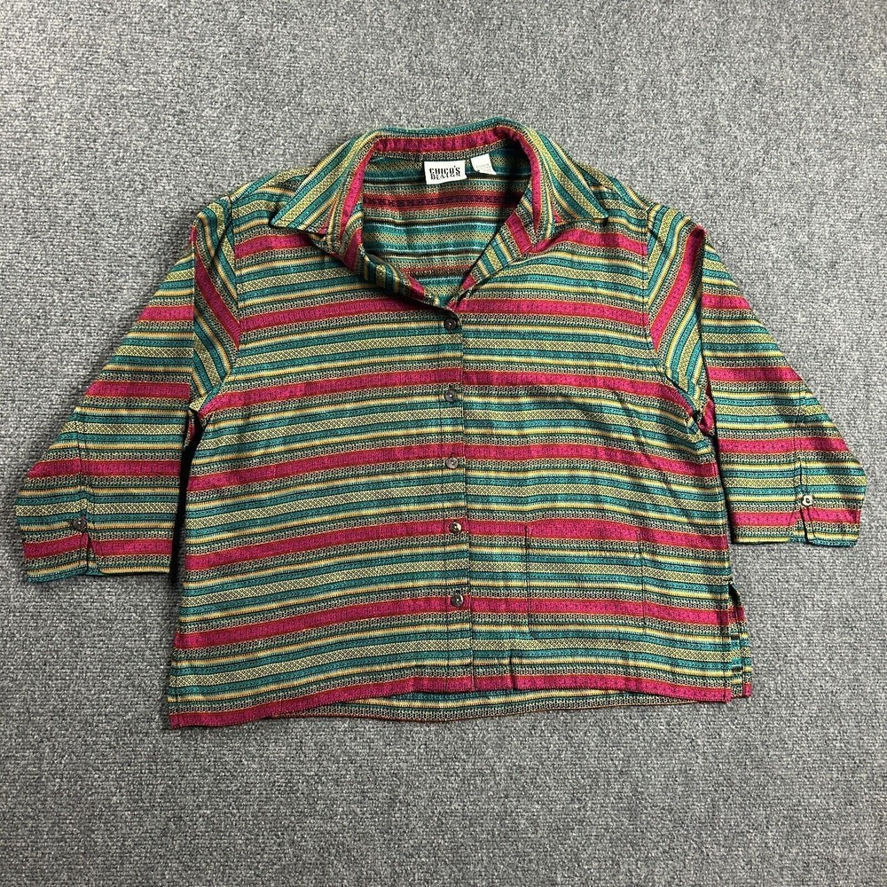 Chico's Top Womens 2 Striped Multicolor Button Up 3/4 Sleeve Pocket‎ Rayon USA